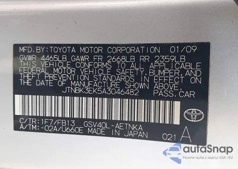 2010 Toyota Camry Le V6 z USA, uszkodzony, nr VIN JTNBK3EK5A3046482